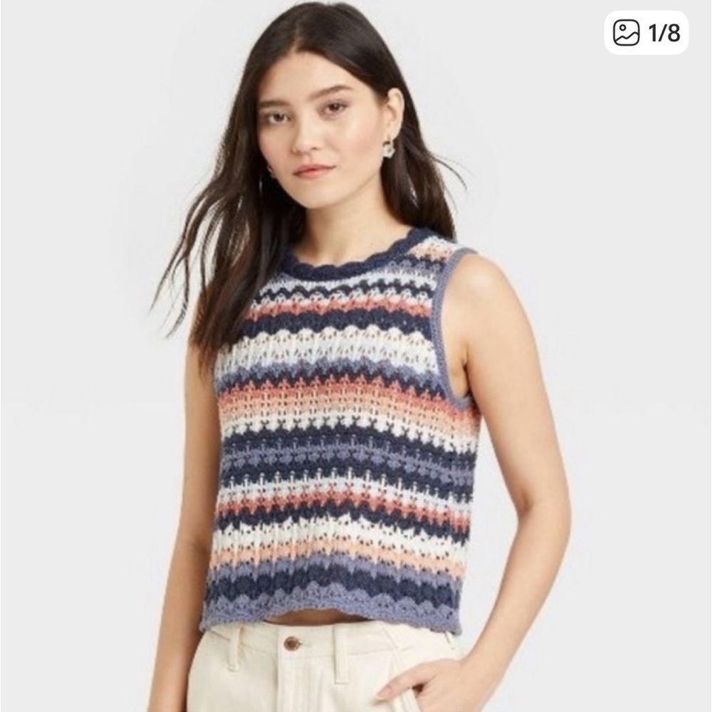 Universal Thread Striped Crochet Knit Tank Top in Navy, Cream, Blush